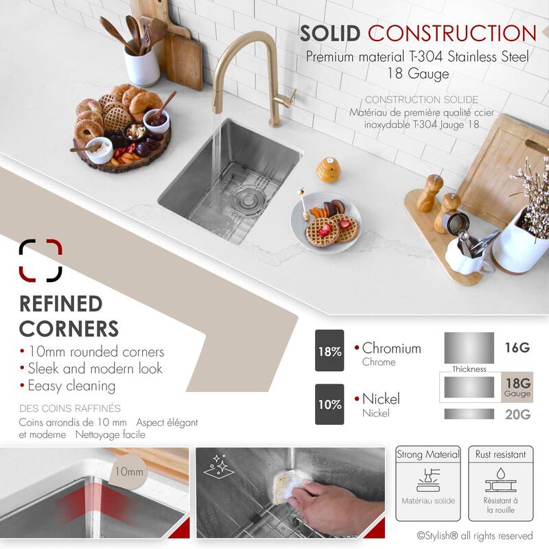 STYLISH Undermount 14" Single-Bowl Stainless Steel Bar Sink S-310G - 14" x 18" x 10"