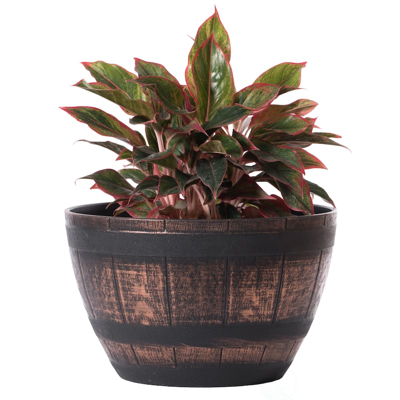 Brown Outdoor Rustic Half Barrel Flower Garden Planter Bowl, Plastic - Medium