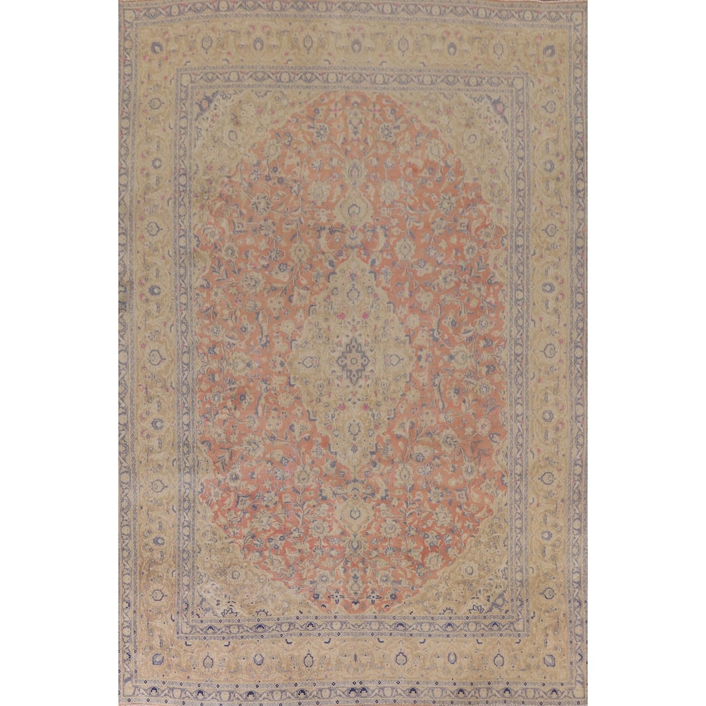 Hand Knotted Oriental 100% Wool Carpet Traditional Floral Coral Mashad Area Rug - 12' 7'' X 9' 3''