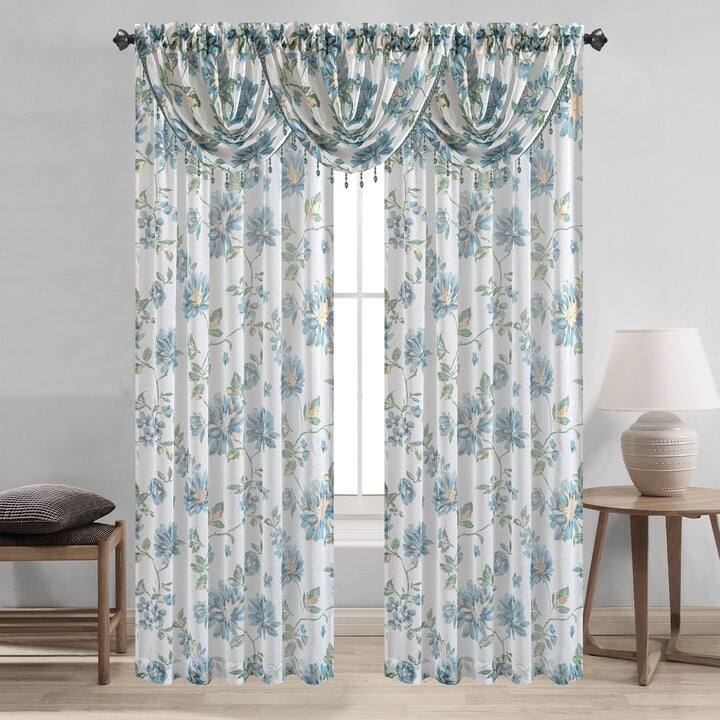 Anna Sheer Metallic Floral Rod Pocket Window Panel & Waterfall Valance, All Sold Separately - Panel - 54x84 Inches - Aqua