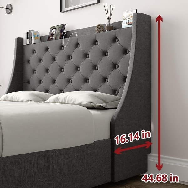 Platform Bed Frame with Upholstered Headboard,USB Port and 4 Drawers