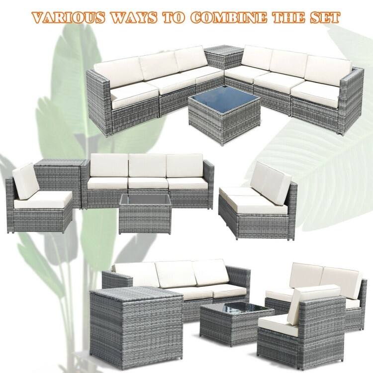 8 Piece Wicker Sofa Rattan Dinning Set Patio Furniture with Storage Table - 23" x 26" x 29.5"