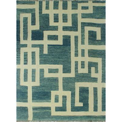 Hand-Woven Winchester Kilim Avelino Blue/Ivory Rug - 5'0" x 6'6"