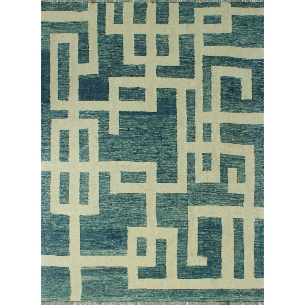 Hand-Woven Winchester Kilim Avelino Blue/Ivory Rug - 5'0" x 6'6"