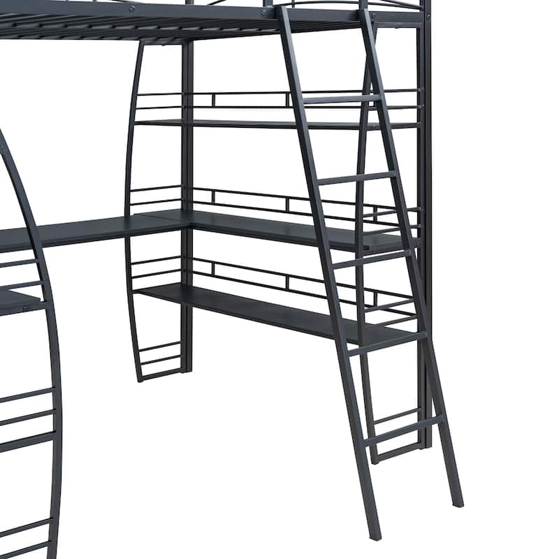Full Size Metal Loft Bed with 4-Layer Shelving, L-Shaped Desk, USB Ports, Sockets, and Wireless Charging