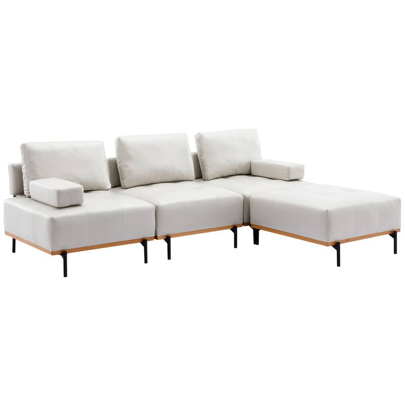 Beige 100.7'' L-Shaped 3 Seat Sectional Sofa Couch with Movable Ottoman and Removable Back Cushions for Living Room