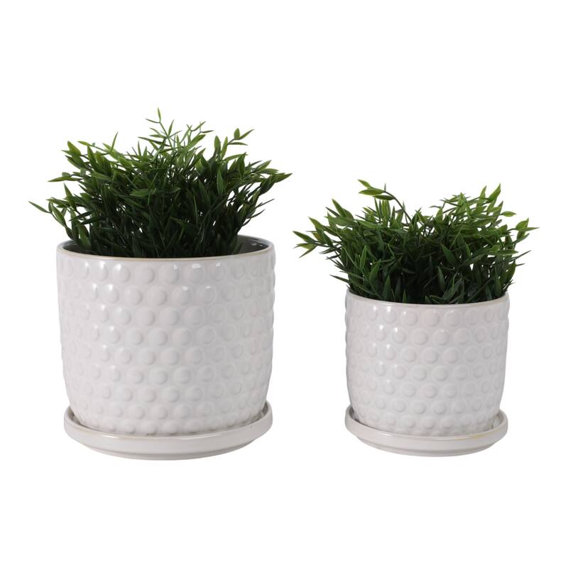 Ceramic Planters with Textured Bubble Surface and Saucers (Set of 2) - 8" x 8" x 7"