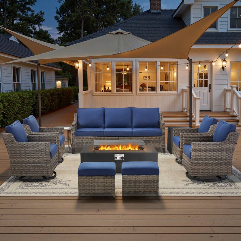 Glissia 9-Piece Gray Wicker Fire Pit Conversation Set with Modern Steel Fire Pit