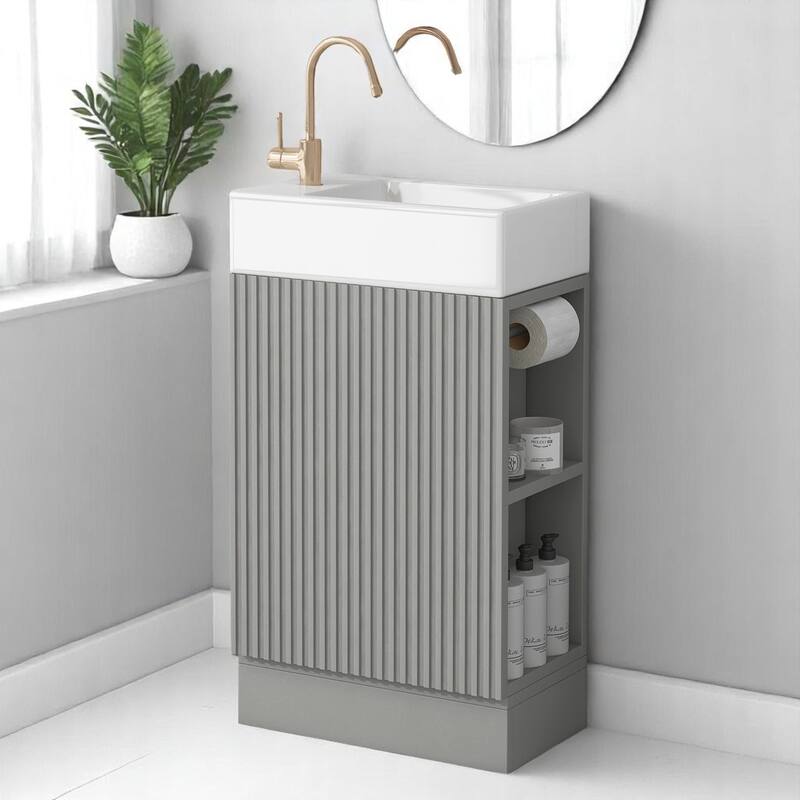 Modern 18.6" Bathroom Vanity with Sink, Two-Tier Shelf, Adjustable Toilet Paper Holder, Freestanding - Grey