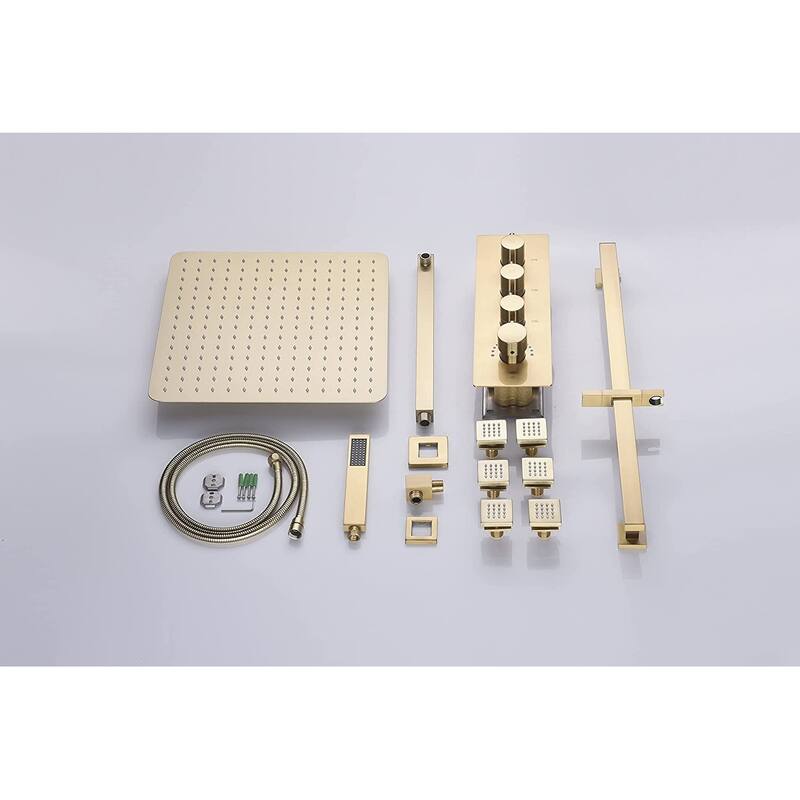 16" LED Wall Mount Rainfall 3 Way Thermostatic Shower System with Slide Bar, 6 Jets