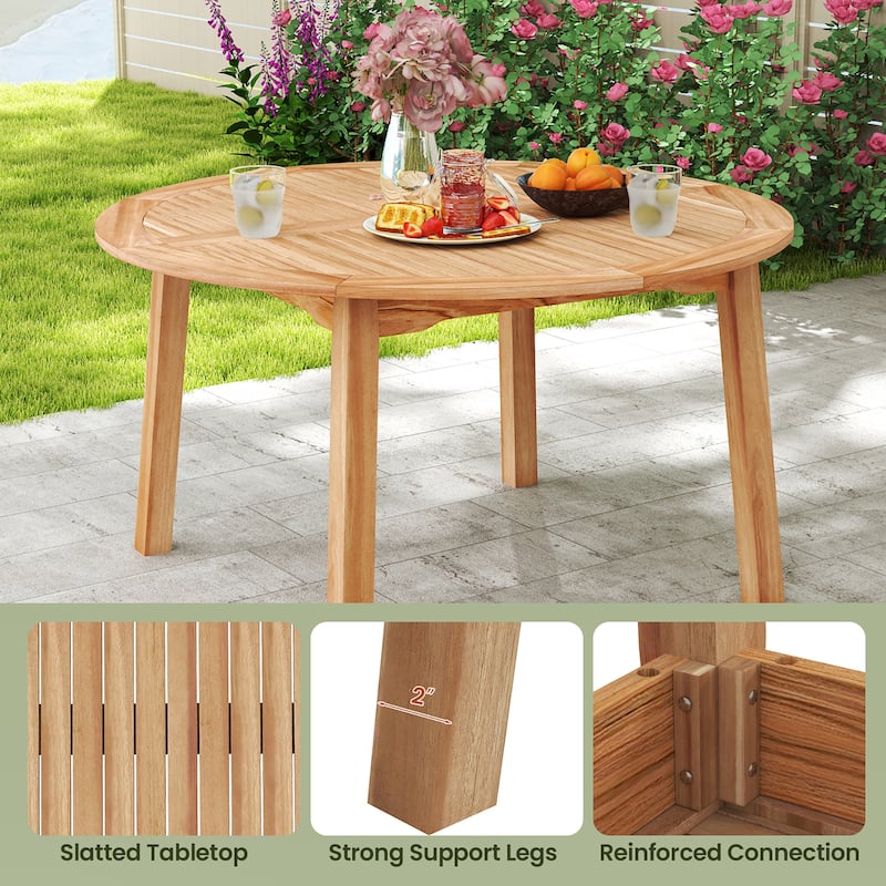 Gymax Round Patio Dining Table Acacia Wood Outdoor Dining Table w/ 2''