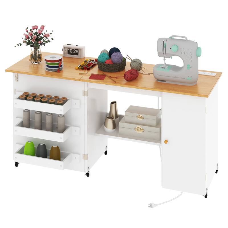 Moasis Folding Sewing Craft Table with Storage Shelves Cabinet With Charge Station