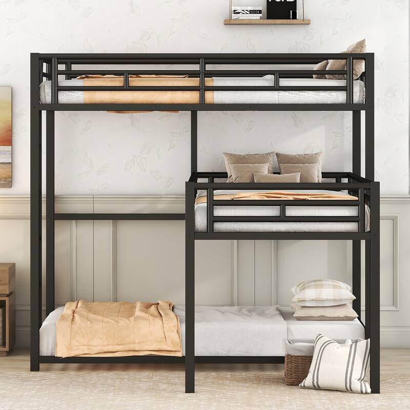 L-Shaped Triple Twin Metal Bunk Bed with Ladder, Black - Space Saving Design