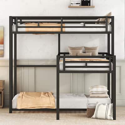 Versatile L Shaped Metal Bunk Bed, Heavy Duty Metal Twin Size Triple Bunk Bed Frame with Double Ladder and Guardrail