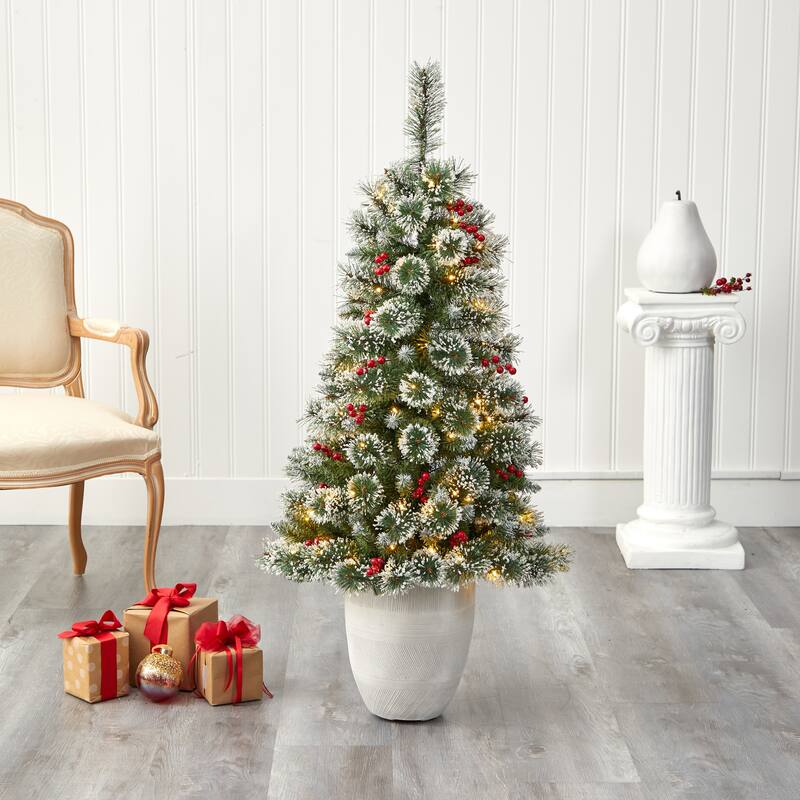 50" Frosted Swiss Pine Artificial Christmas Tree with 100 Clear LED Lights and Berries in White Planter - White