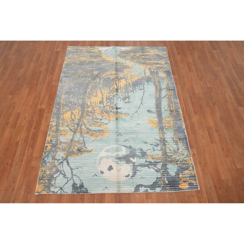 Hand Knotted Oriental Viscose Silk Carpet Modern Pictorial Multi-Colored Abstract Area Rug - 6' 6'' X 4' 5''