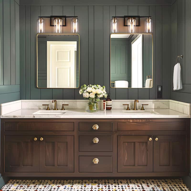Modern Black Gold 3-Light Bathroom Vanity Lights Wall Lighting with Seeded Glass Shade