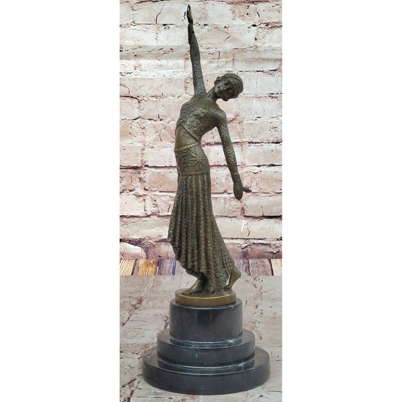 Chiparus Art Deco Bronze Dancer Sculpture – Elegant Figurine With Detailed Gown On Marble Base
