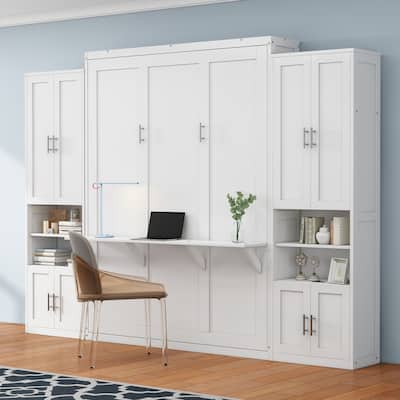 White Murphy Bed Desk Combo Chest Convertible Cabinet Bed Wall Bed Folding Space Saving Cube Bed Platform Low Profile Bed