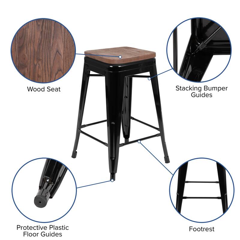 4 Pack 24" High Metal Indoor Counter Bar Stool with Wood Seat - Stackable Stool