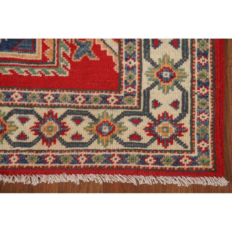 Geometric Kazak Runner Rug Hand-Knotted Red Wool Carpet - 2'9" x 9'4"
