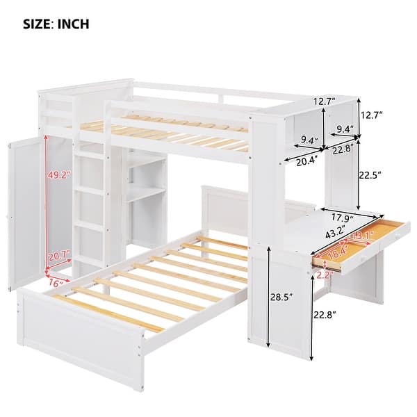 dimension image slide 1 of 6, Twin Loft Bed with a Stand-alone bed, Shelves, Desk and Wardrobe, White