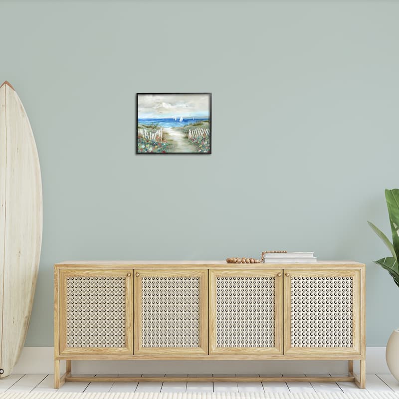 Stupell Gorgeous Beach Scene Poppies Blooming White Fence Ocean Framed Wall Art - Blue