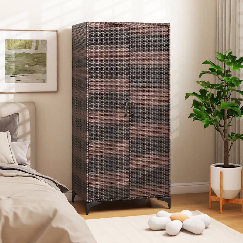Gymax 62'' Wicker Wardrobe w/ 2 Doors Hanging Rod & 4 Storage Cubes