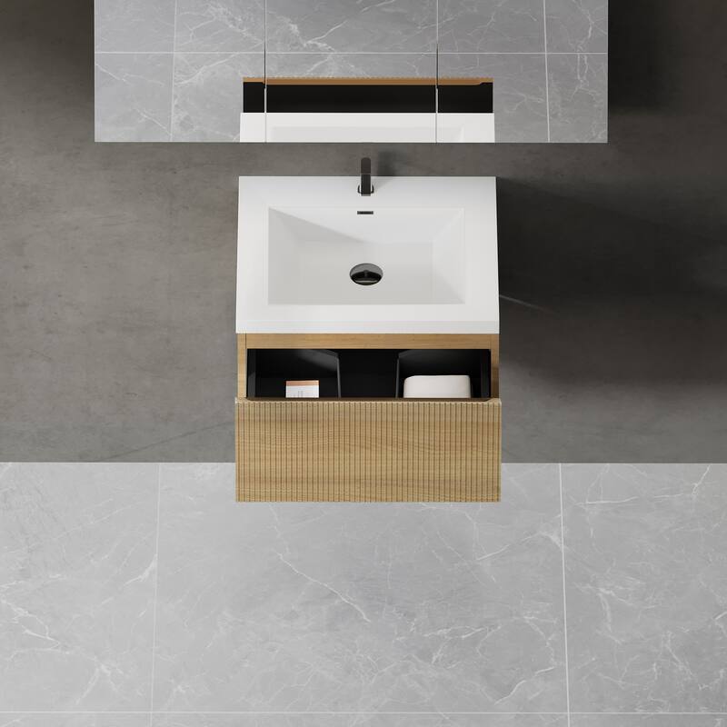 GDFStudio - Camden 24-Inch Floating Bathroom Vanity with Solid Surface Basin and Fluted Storage Drawer