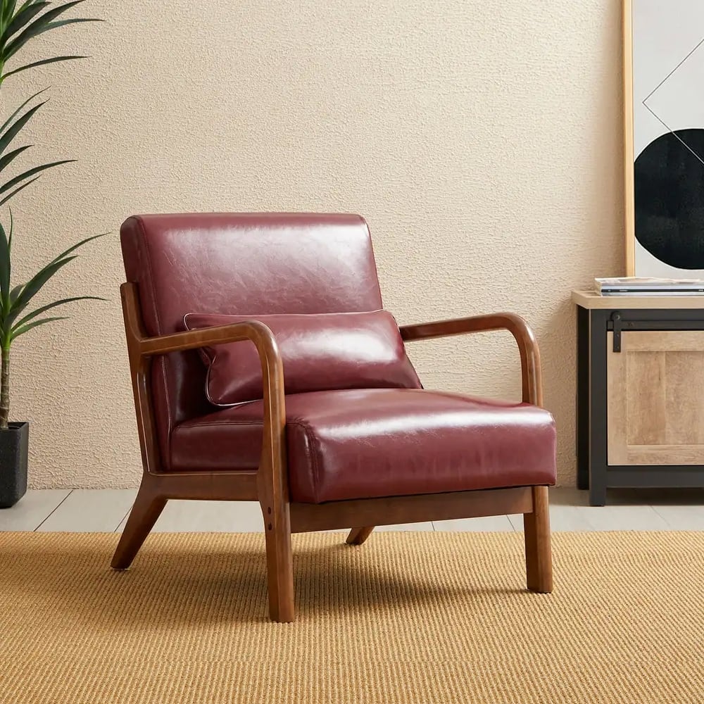 Glitzhome 30.75"H Mid-Century Modern PU Leather Armchair Accent Chair with Pillow - 25.75"W x 33.75"D x 30.75"H