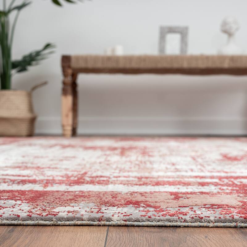 Updated Traditional Red Power Loom Viscose & Acrylic Area Rug