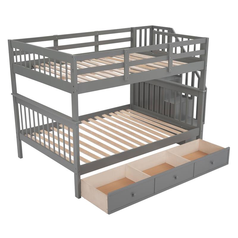 Versatile Full Over Full Bunk Bed Convertible 2 Individual Full-size Beds with Drawer, Stairway, Open Storage and Guard Rail