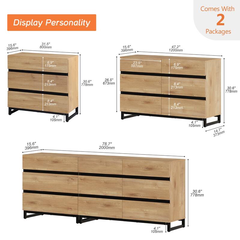 WAMPAT 3 in 1 Dresser with Glass Doors and 7 Drawers, Modern Chest of Drawers with Adjustable Shelf for Bedroom