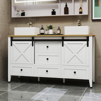 Moasis 60" Farmhouse Double Sink Bathroom Vanity Cabinet with Ceramic Sink Basin and Sliding-Door Cabinet & 5 Drawers