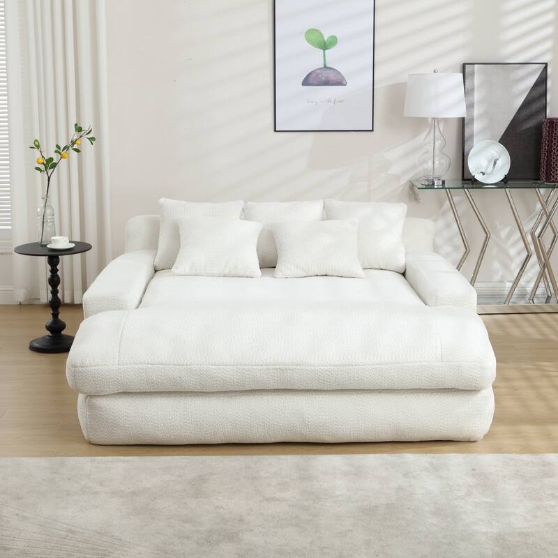 2-seater Lazy Sofa Bed with 5 Back Pillows, White Chenille for Living Room
