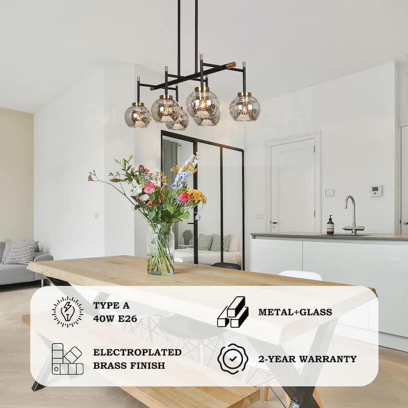 Modern Farmhouse 6-Light Black Gold Linear Chandelier Island Lights with Mercury Glass - 27.5" L x 14.5" W x 10" H