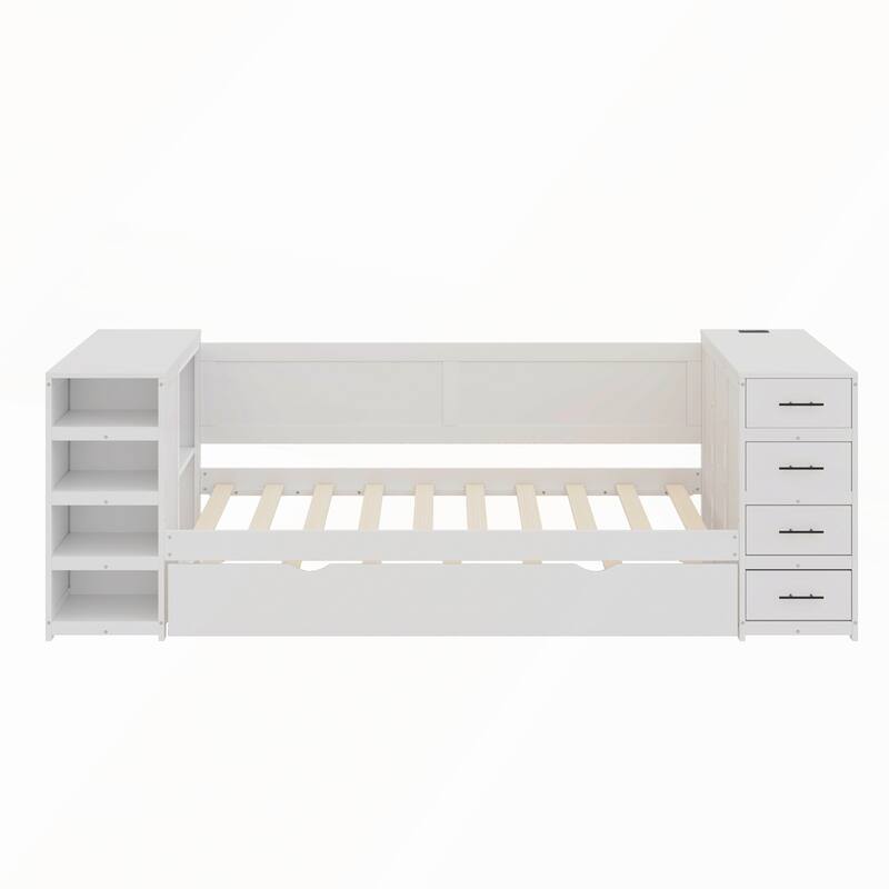 White Wooden Twin Size Daybed with Multi-Functional Desk and Trundle