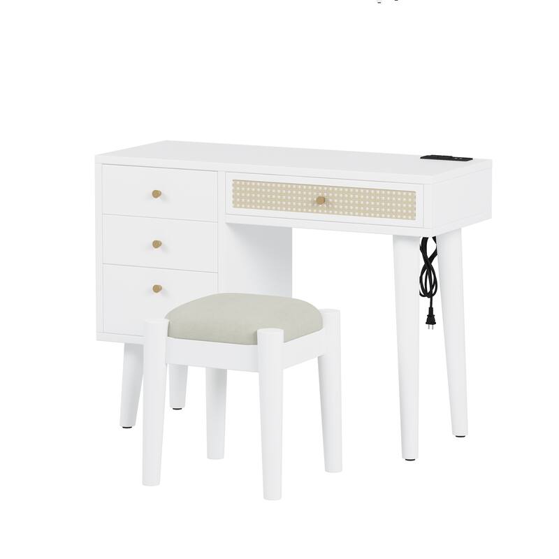 39" Retro Bohemian Style Wooden Makeup Vanity Set with Charging Plug&USB Port and Stool