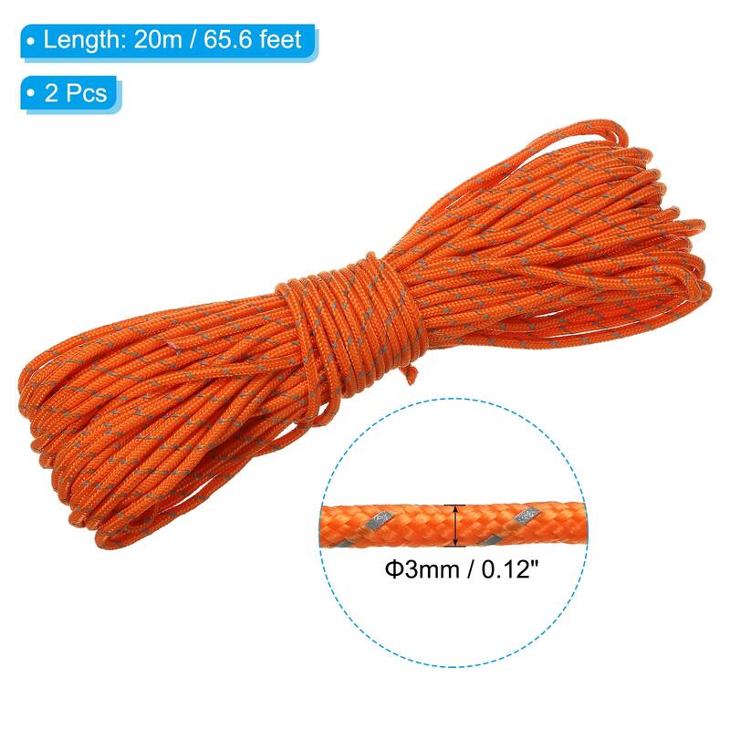 2Pcs Reflective Guyline Camping Paracord Tent Cord Guyline Rope - Orange - 3mm