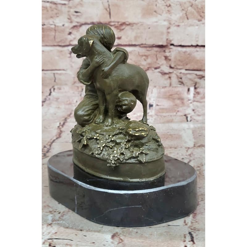 Boy Hugging Imitative Dog Bronze Sculpture On Marble Base