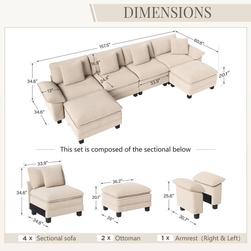 MAISON ARTS Modular Cloud Sectional Sofa, Comfy L- or U-Shaped Couch with Ottomans & Pillows, 4–6 Seat Living Room Sofa