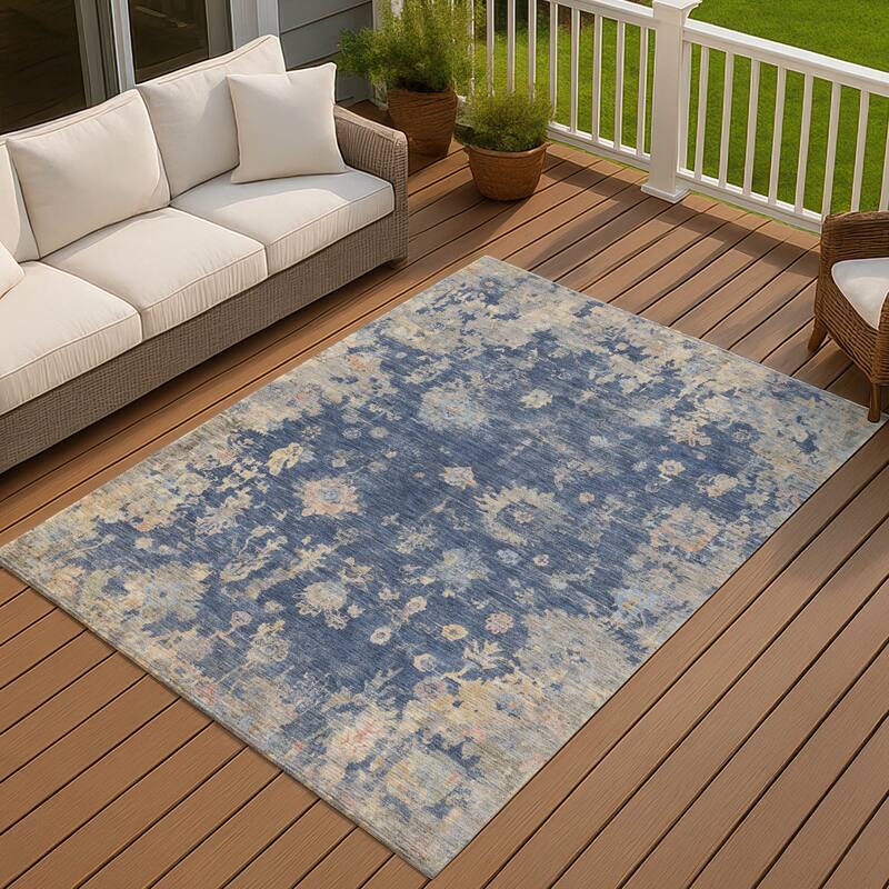 Machine Washable Indoor/ Outdoor Vintage Traditional Chantille Rug - Navy - 10' x 14'