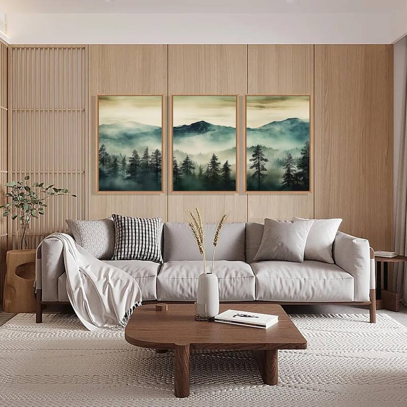 Green Foggy Forest Mountain Framed Canvas Wall Art Set