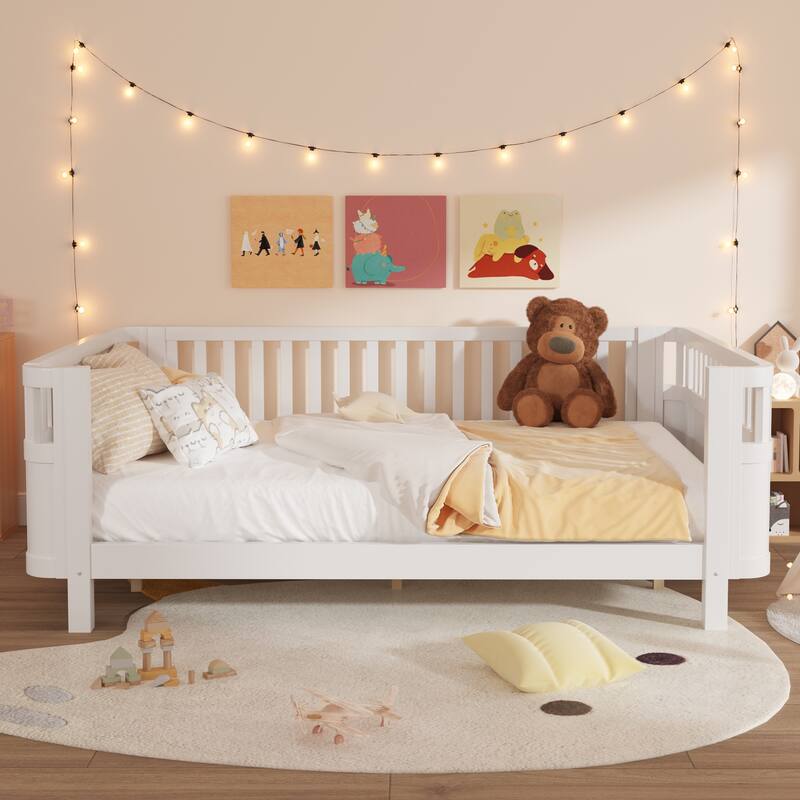 Roomfitters Queen Platform Bed, Low Profile Slatted Daybed with Wooden Frame and Removable Guardrails for Bedrooms