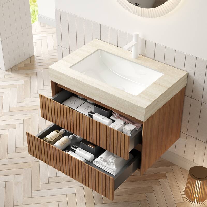 GDFStudio - Tilley Modern Floating Bathroom Vanity with Striped Wood Drawer Fronts & Ceramic Undermount Basin