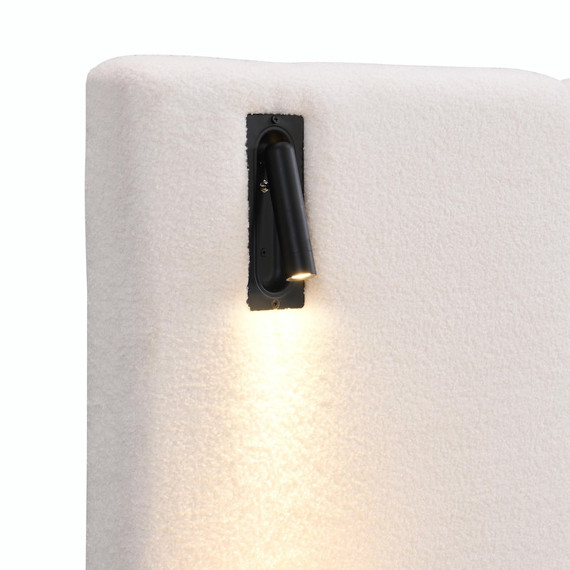 Chic Bouclé Upholstered Bed with Integrated Lighting and Shelves