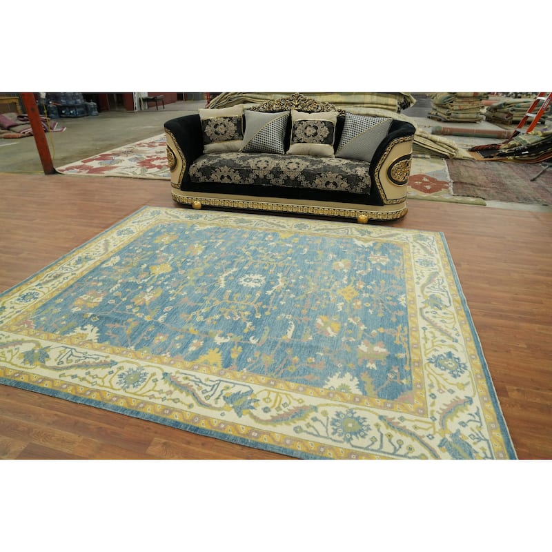 Floral Blue Oushak Vegetable Dye Area Rug, Floral Geometric Carpet - 9' 10'' X 8' 3''