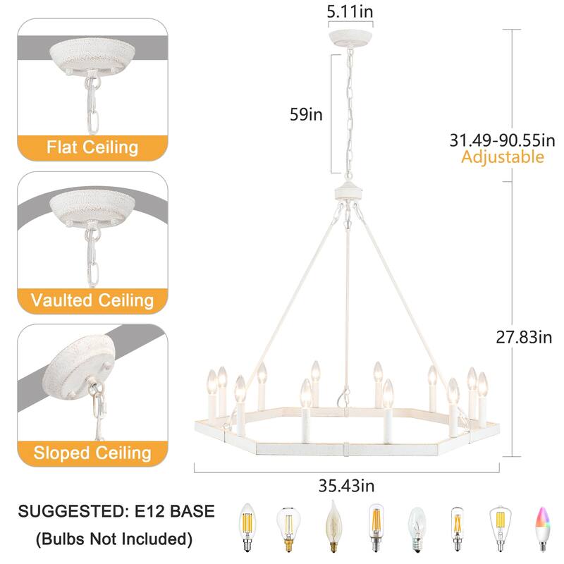 Modern Farmhouse 12-Light Hexagonal Design Wagon Wheel Chandelier for Dining Room Living Room Bedroom Kitchen - W35.43"x H27.83"