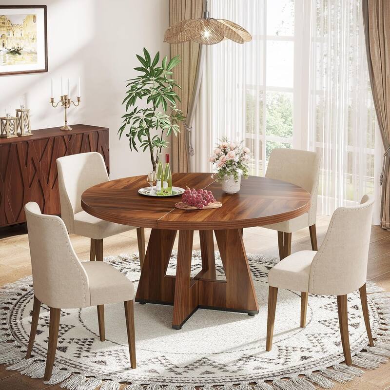 47" Round Wood Dining Table 4-Seater Farmhouse with Wooden Tabletop Cross Base for Dining Room/Kitchen