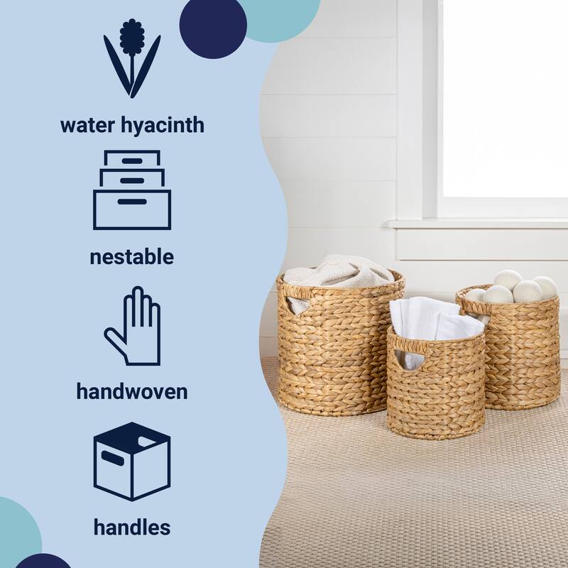 Handwoven Hyacinth Cylinder Nesting Baskets with Handles (Set 3)